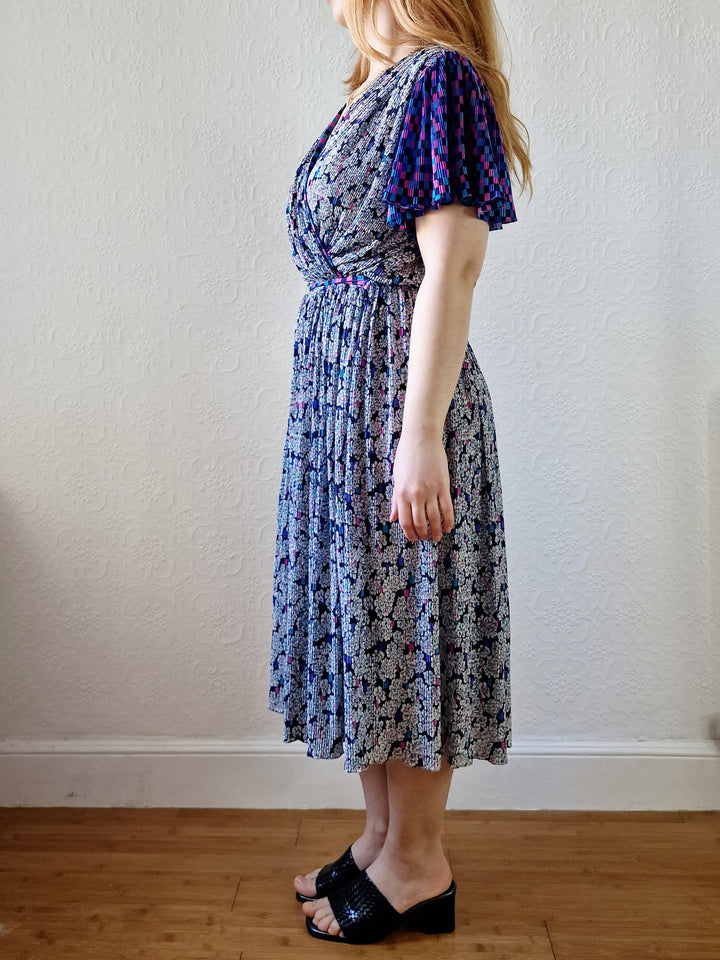 Vintage 80s Purple, Blue and Pink Floral Midi Dress with Angel Sleeves - M