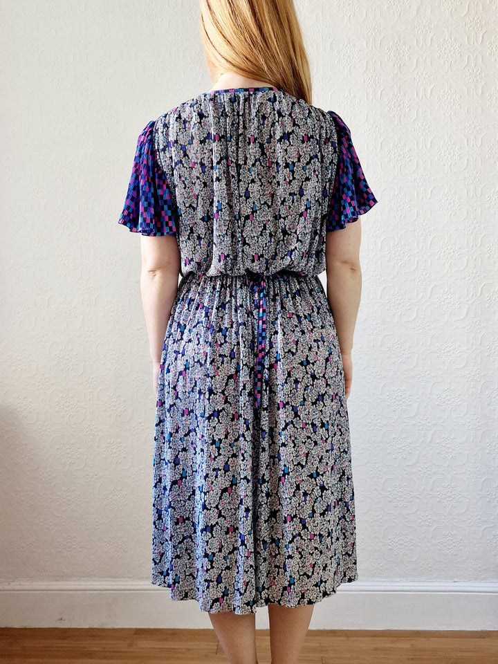 Vintage 80s Purple, Blue and Pink Floral Midi Dress with Angel Sleeves - M