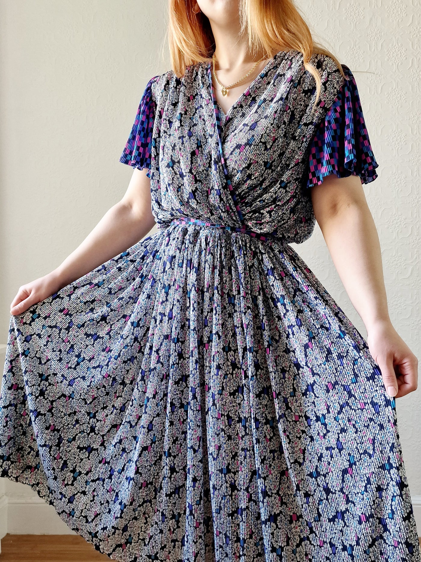 Vintage 80s Purple, Blue and Pink Floral Midi Dress with Angel Sleeves - M