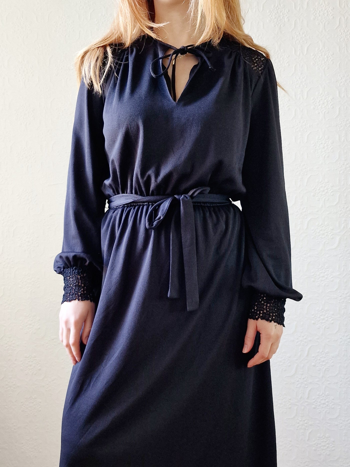Vintage 80s Black Long Sleeve Lacy Shirt Dress - S
