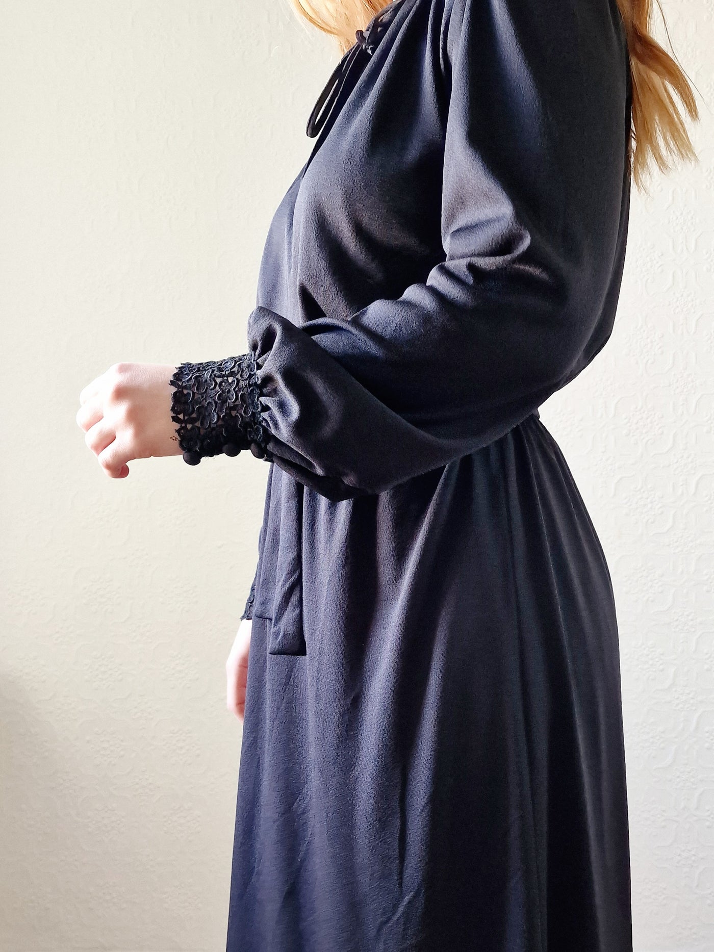 Vintage 80s Black Long Sleeve Lacy Shirt Dress - S