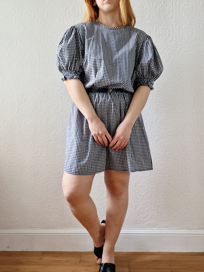 Vintage Black & White Gingham Playsuit with Puff Sleeves - M/L