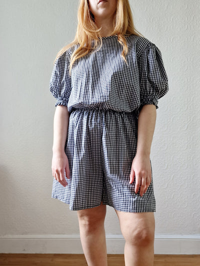 Vintage Black & White Gingham Playsuit with Puff Sleeves - M/L
