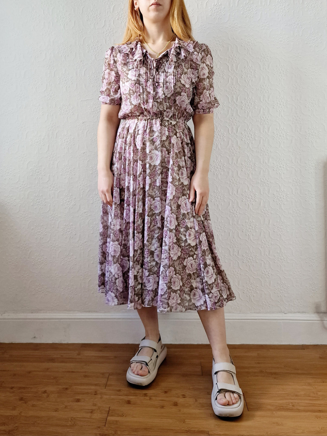 Vintage 80s Lilac Purple Romantic Floral Midi Dress with Puff Sleeves - S