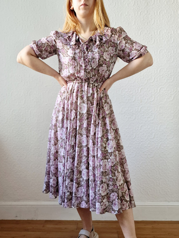 Vintage 80s Lilac Purple Romantic Floral Midi Dress with Puff Sleeves - S