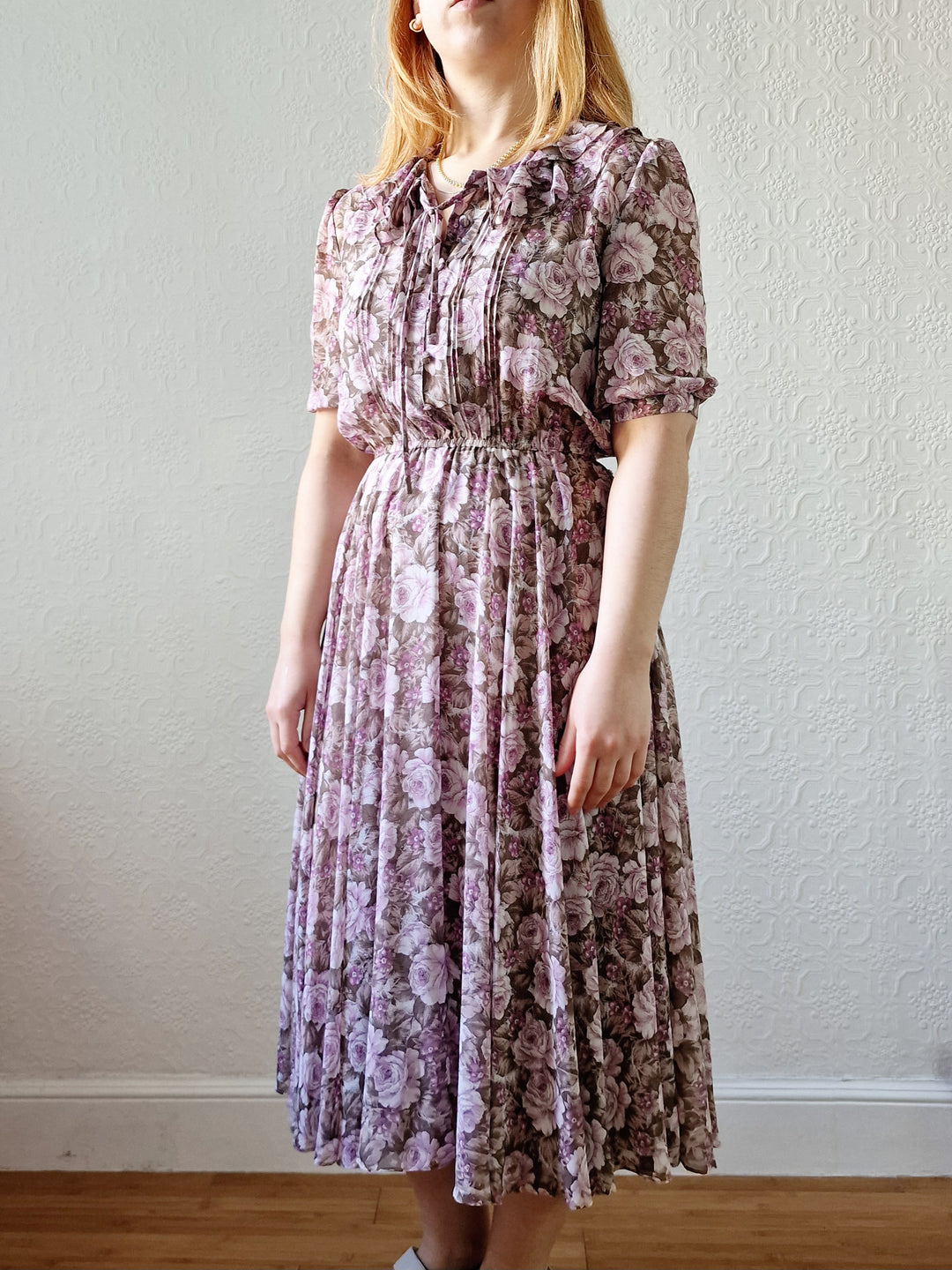 Vintage 80s Lilac Purple Romantic Floral Midi Dress with Puff Sleeves - S