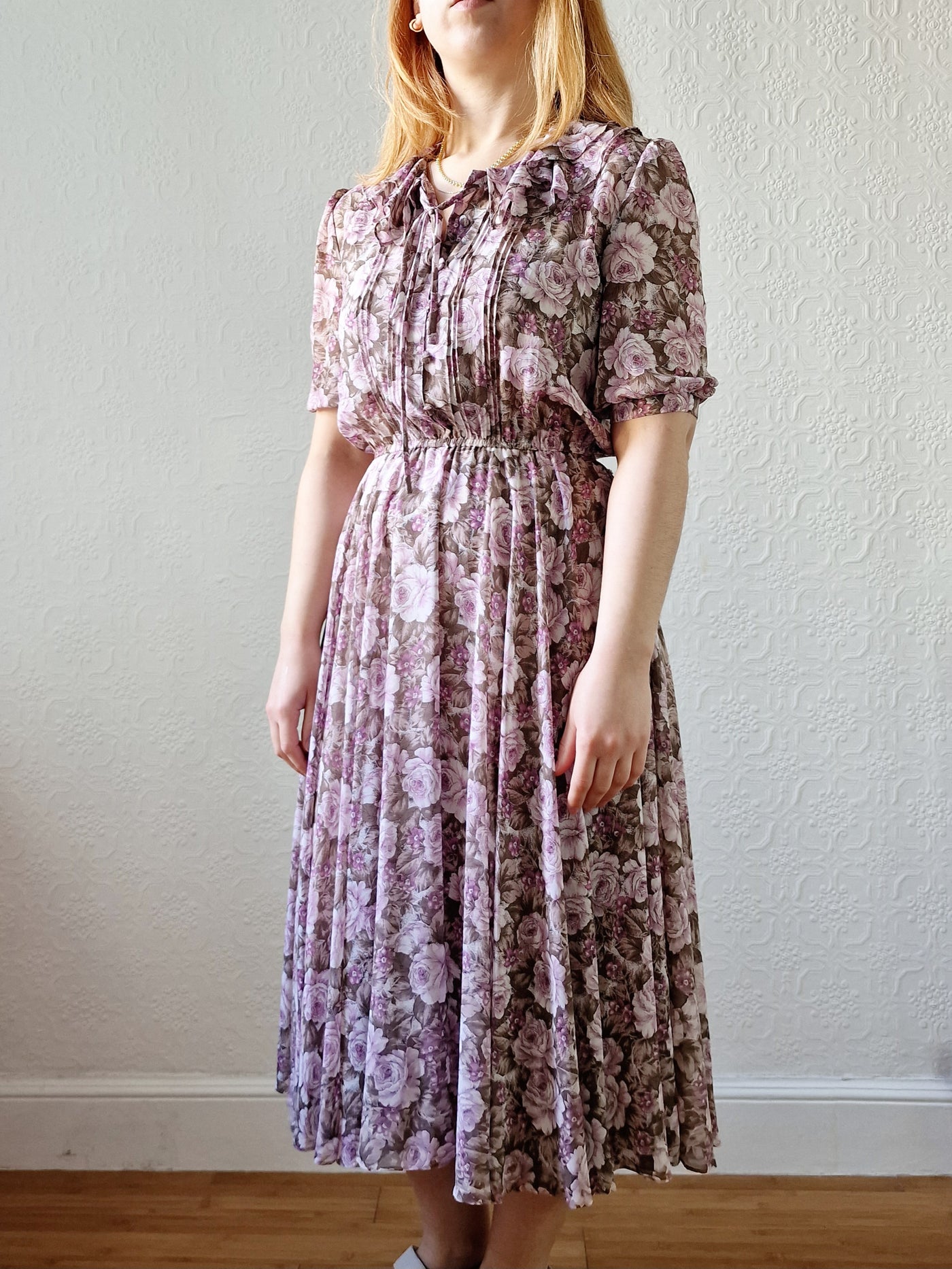 Vintage 80s Lilac Purple Romantic Floral Midi Dress with Puff Sleeves - S