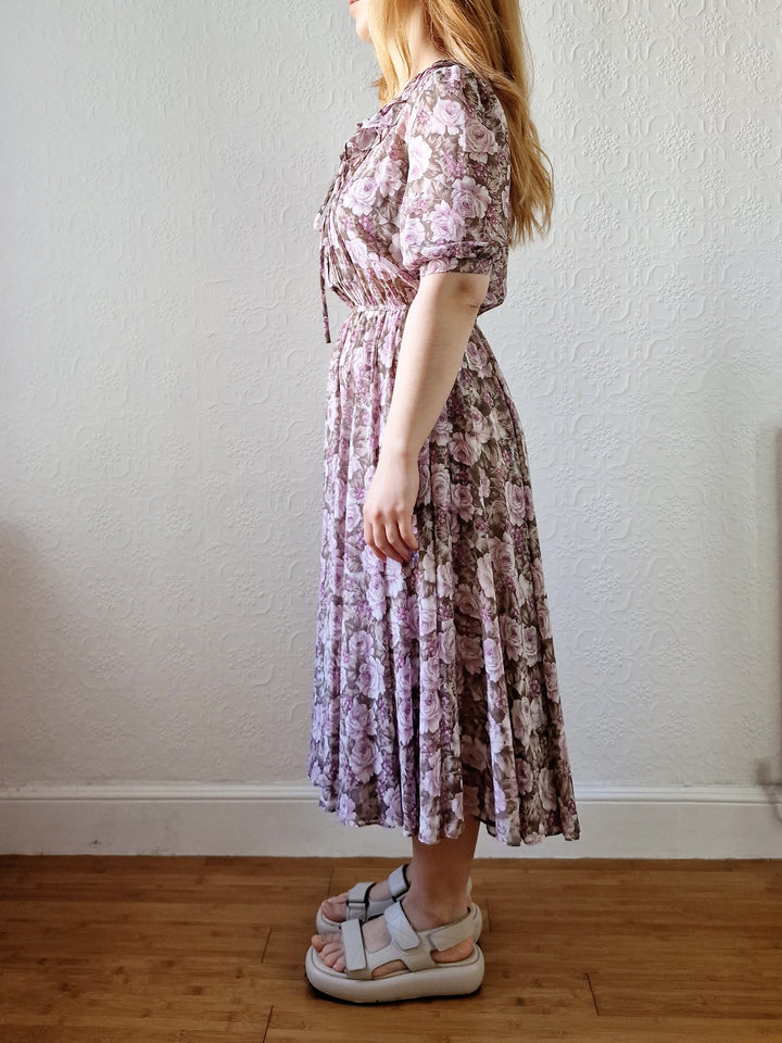 Vintage 80s Lilac Purple Romantic Floral Midi Dress with Puff Sleeves - S