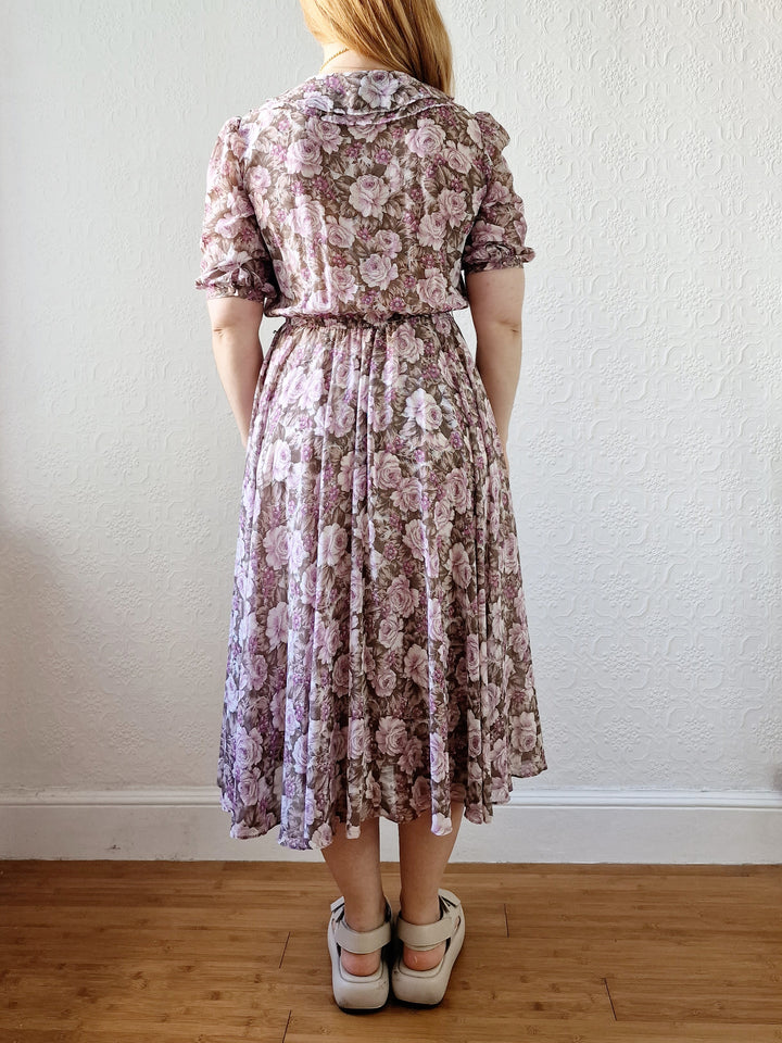 Vintage 80s Lilac Purple Romantic Floral Midi Dress with Puff Sleeves - S