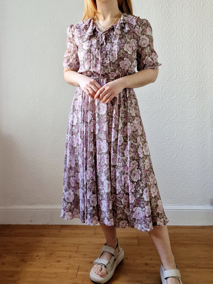 Vintage 80s Lilac Purple Romantic Floral Midi Dress with Puff Sleeves - S