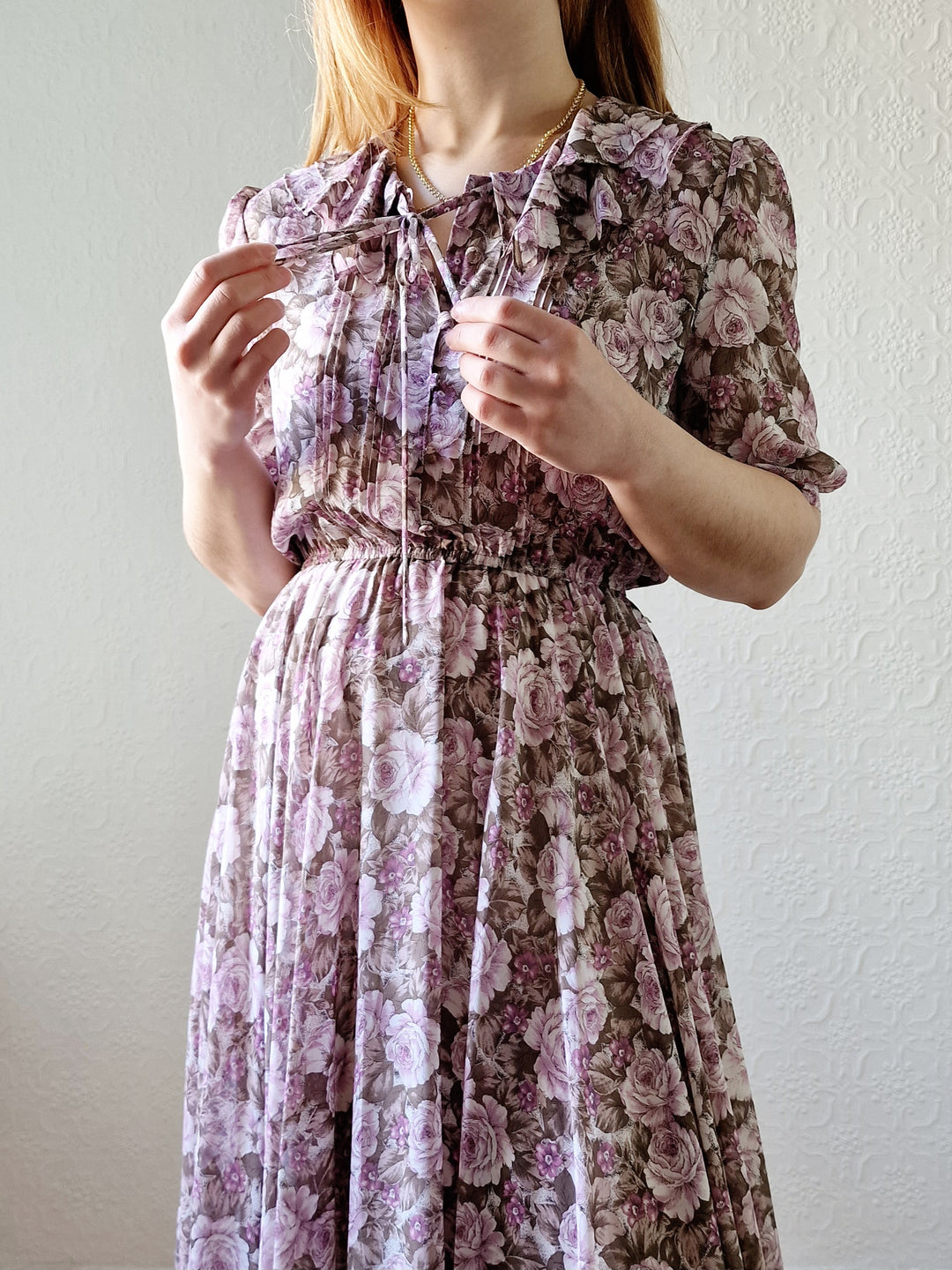 Vintage 80s Lilac Purple Romantic Floral Midi Dress with Puff Sleeves - S