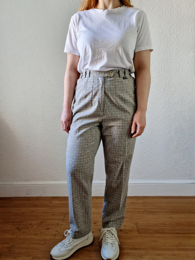 Vintage High Waisted Beige Check Straight Leg Trousers - S