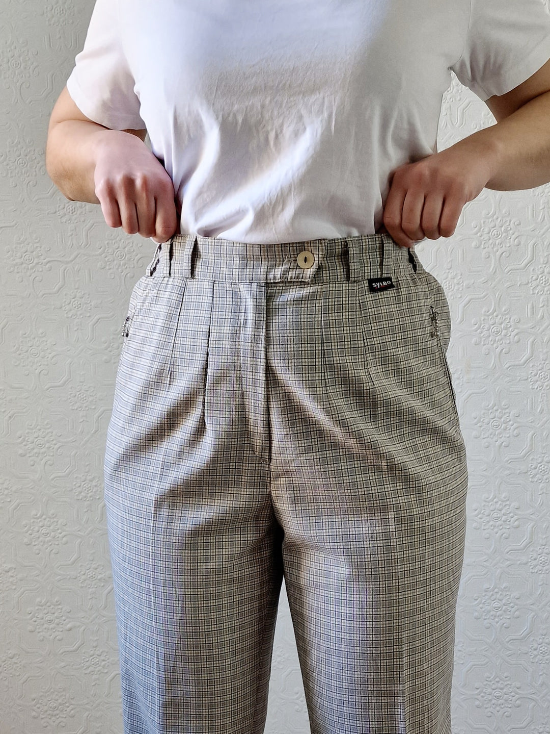 Vintage High Waisted Beige Check Straight Leg Trousers - S