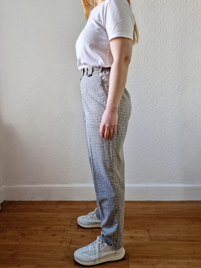 Vintage High Waisted Beige Check Straight Leg Trousers - S