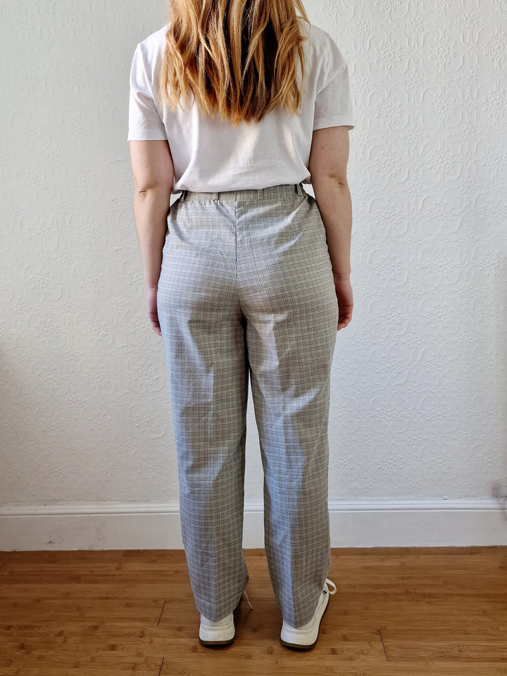 Vintage High Waisted Beige Check Straight Leg Trousers - S