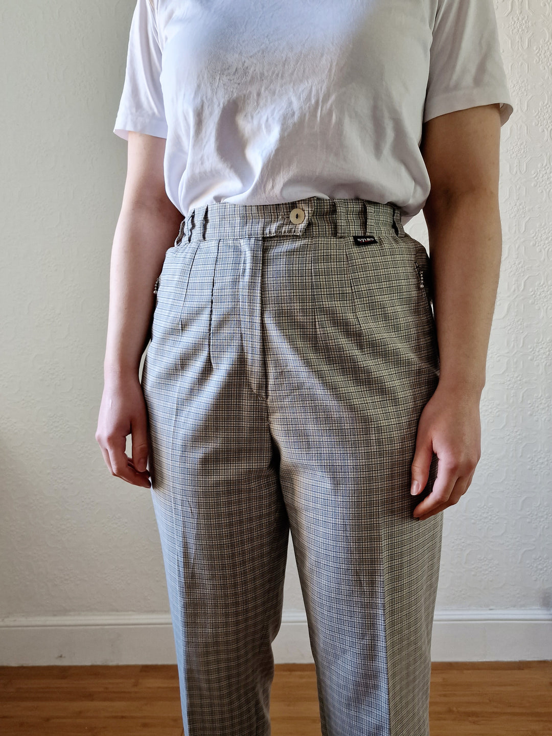 Vintage High Waisted Beige Check Straight Leg Trousers - S