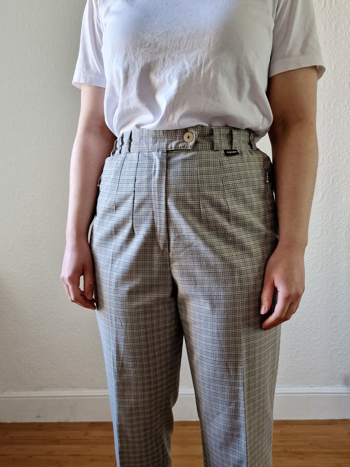 Vintage High Waisted Beige Check Straight Leg Trousers - S