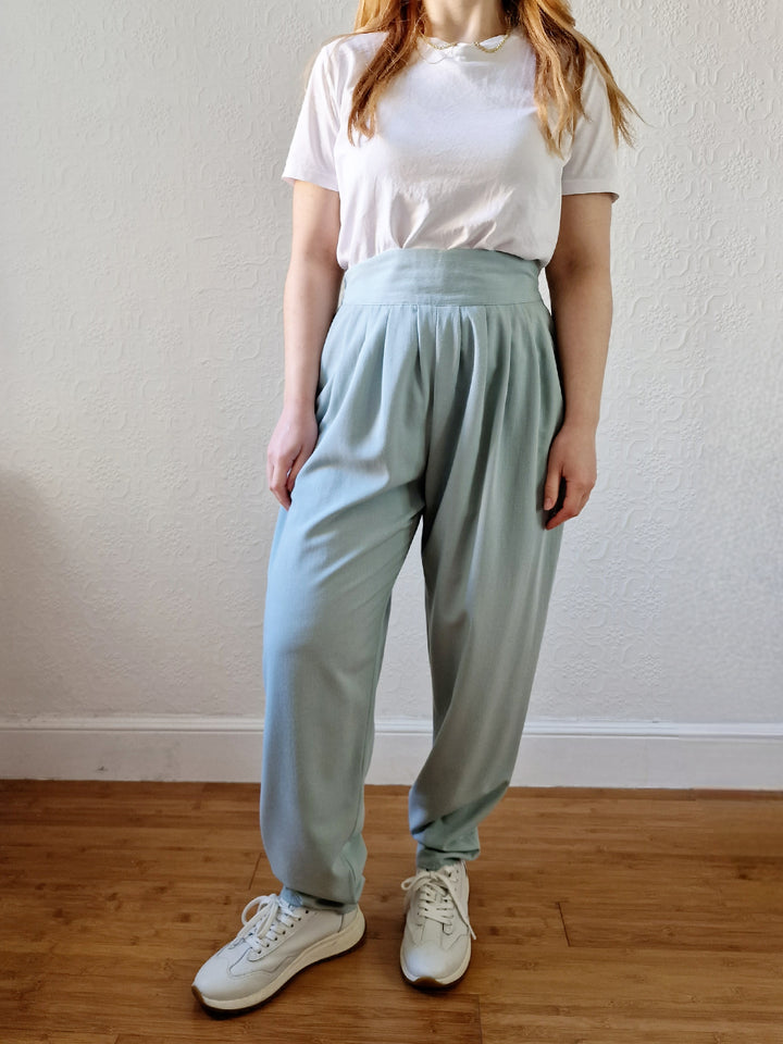 Vintage Duck Egg Blue High Waisted Pleated Straight Leg Trousers - L