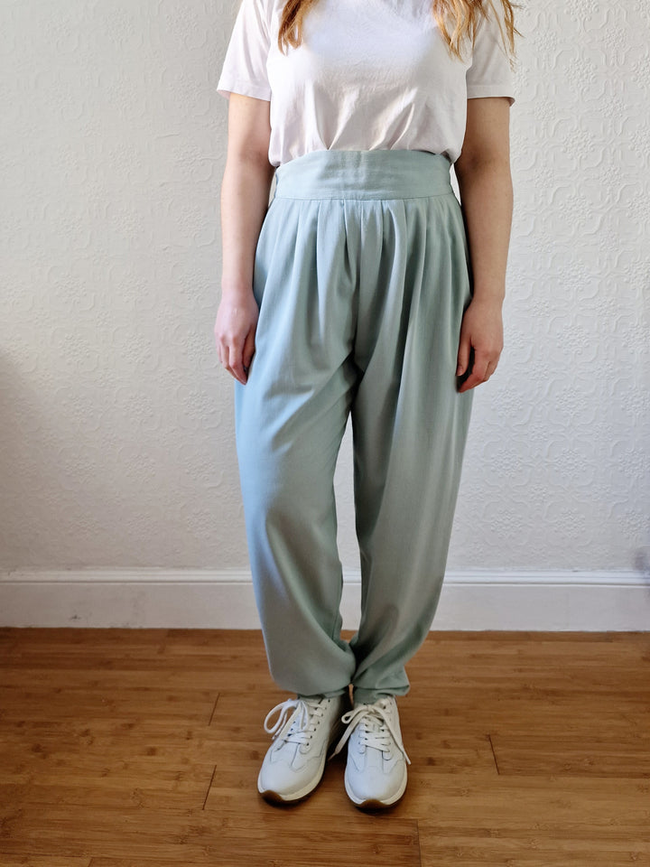 Vintage Duck Egg Blue High Waisted Pleated Straight Leg Trousers - L