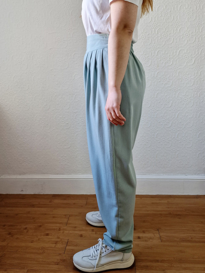 Vintage Duck Egg Blue High Waisted Pleated Straight Leg Trousers - L