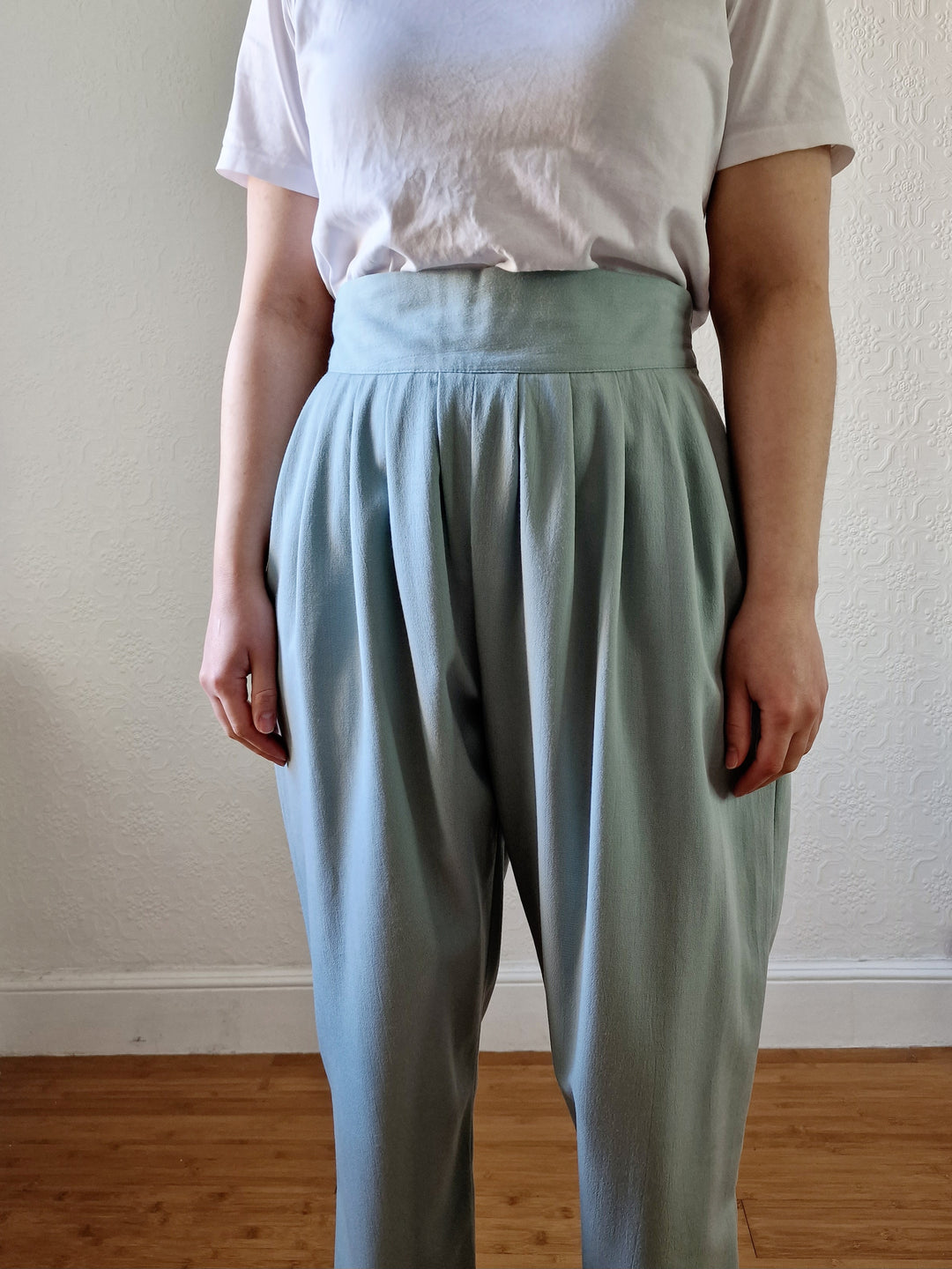 Vintage Duck Egg Blue High Waisted Pleated Straight Leg Trousers - L