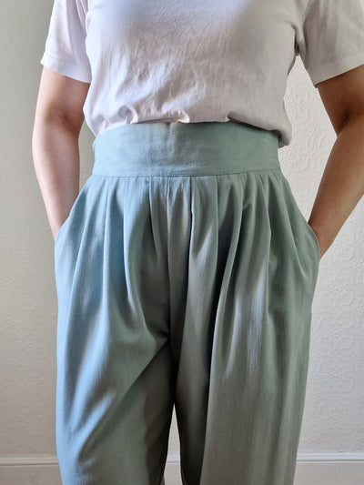 Vintage Duck Egg Blue High Waisted Pleated Straight Leg Trousers - L