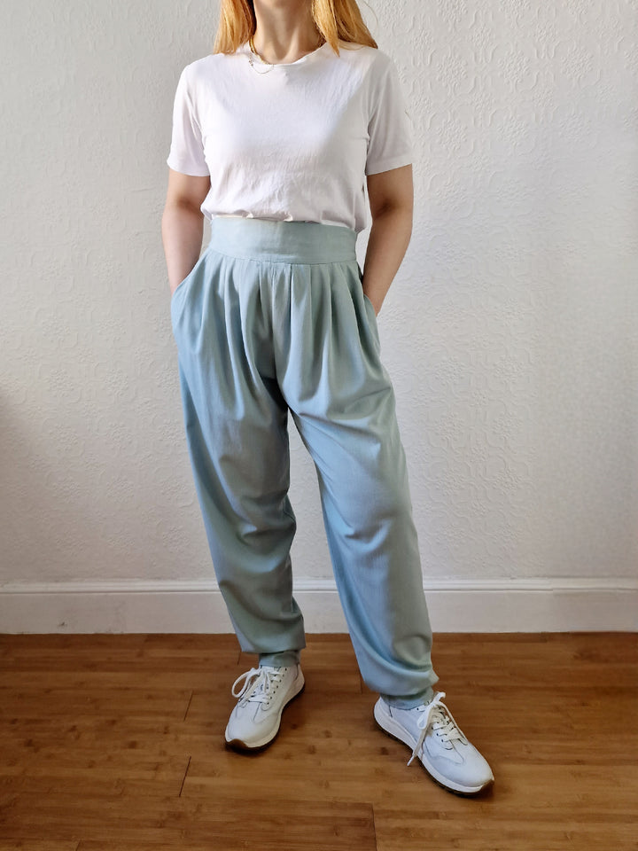 Vintage Duck Egg Blue High Waisted Pleated Straight Leg Trousers - L