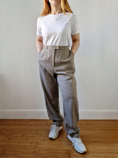 Vintage Brown Pure Wool Gingham Check High Waisted Straight Leg Trousers - L