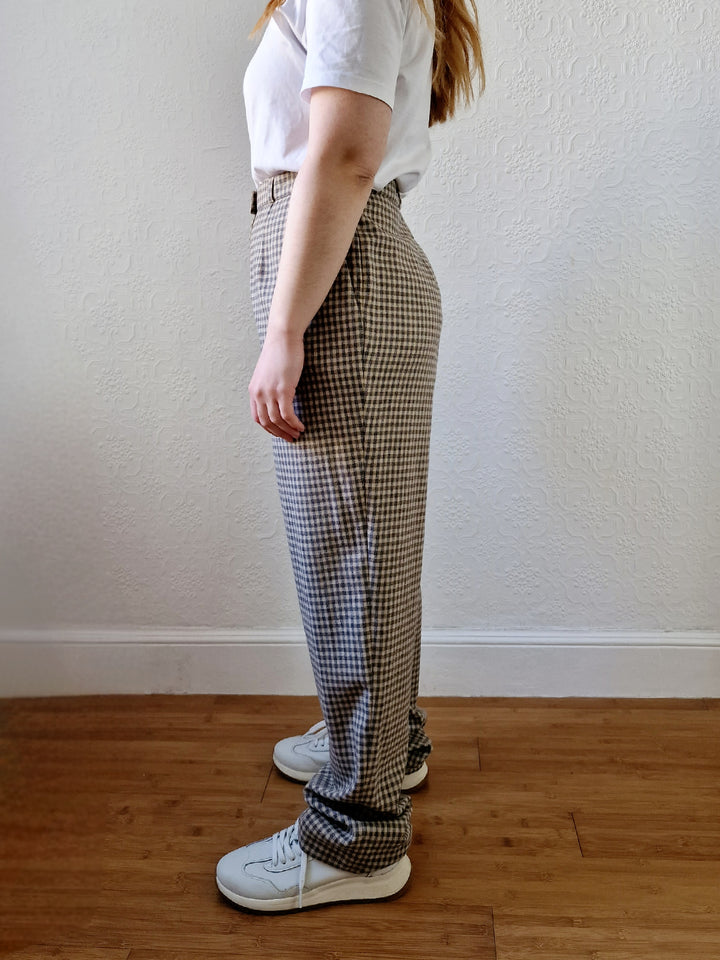 Vintage Brown Pure Wool Gingham Check High Waisted Straight Leg Trousers - L