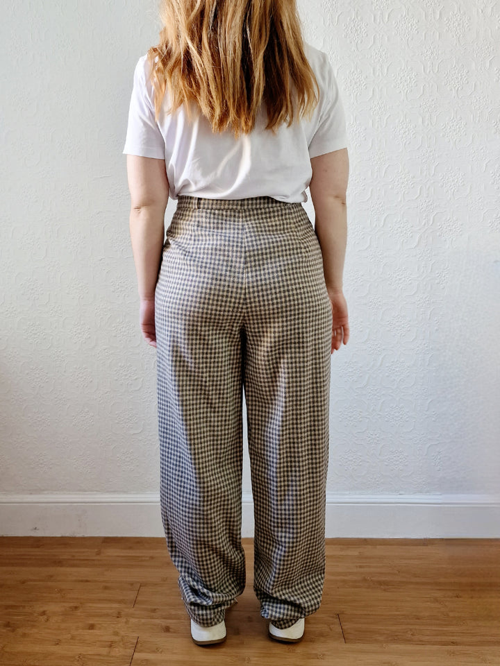 Vintage Brown Pure Wool Gingham Check High Waisted Straight Leg Trousers - L