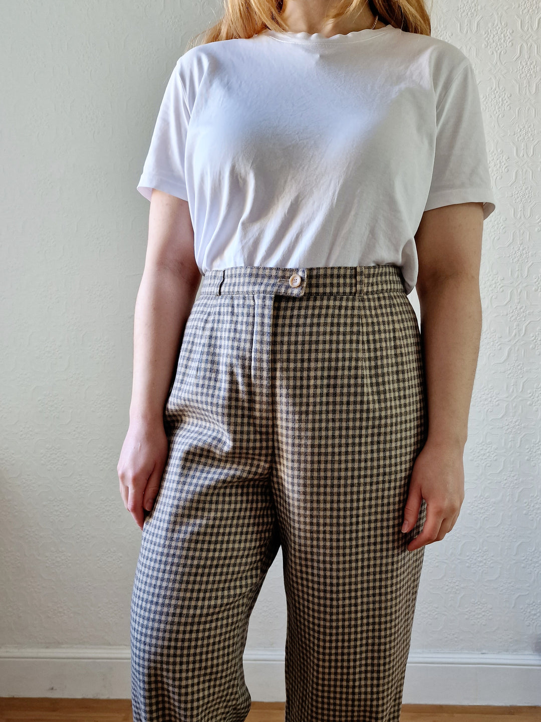 Vintage Brown Pure Wool Gingham Check High Waisted Straight Leg Trousers - L