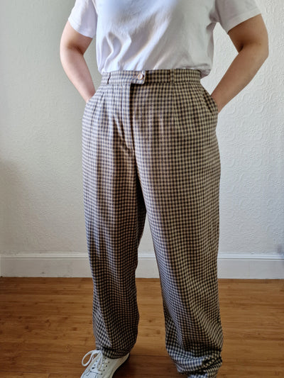 Vintage Brown Pure Wool Gingham Check High Waisted Straight Leg Trousers - L