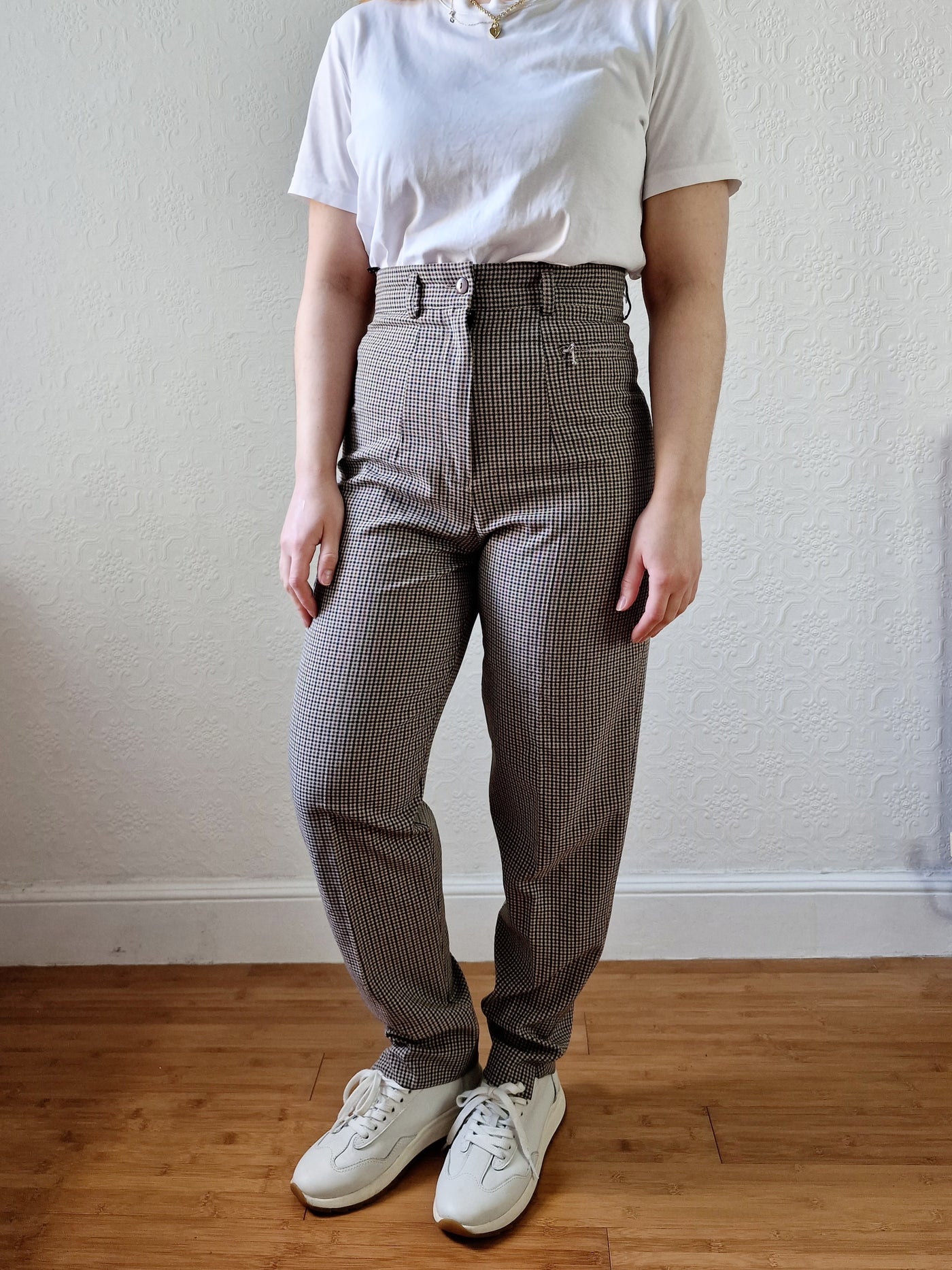 Vintage Brown & Grey Gingham Check High Ultra High Waisted Straight Leg Trousers - XS