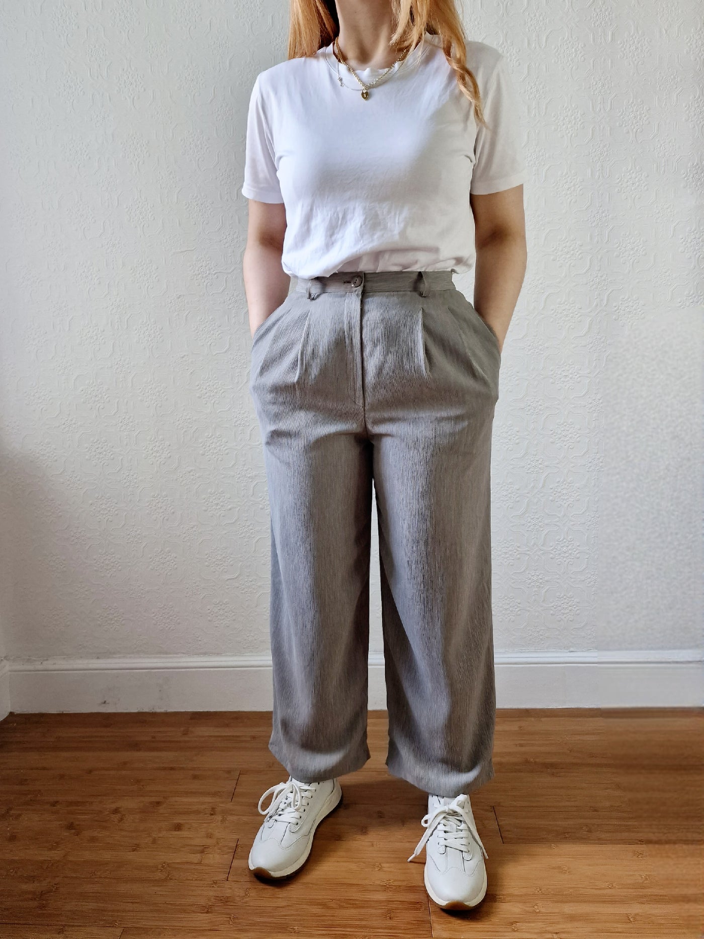 Vintage Grey High Waisted Straight Leg Pleated Trousers - S