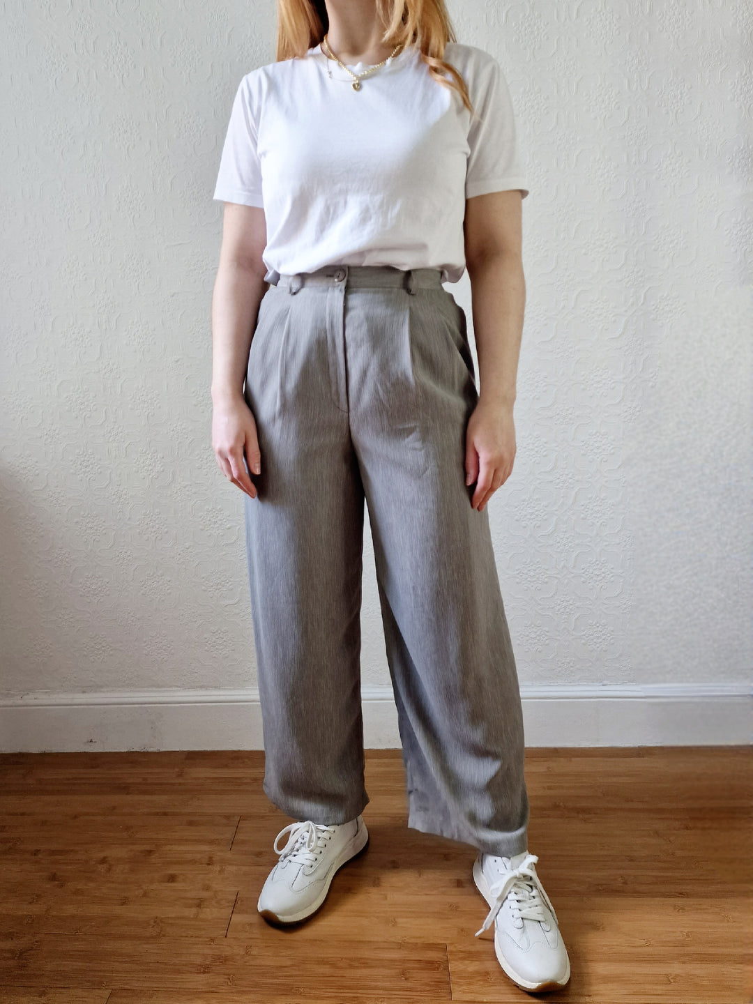 Vintage Grey High Waisted Straight Leg Pleated Trousers - S