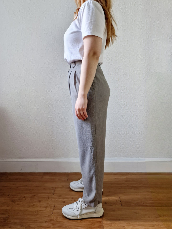 Vintage Grey High Waisted Straight Leg Pleated Trousers - S