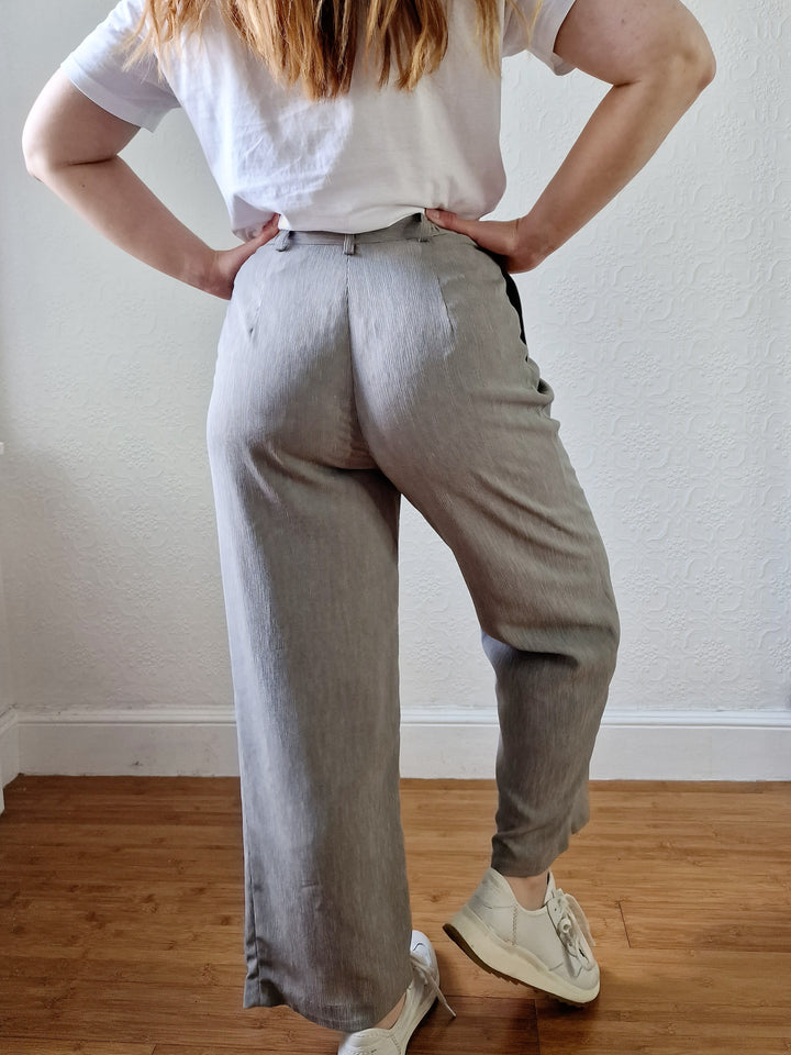 Vintage Grey High Waisted Straight Leg Pleated Trousers - S