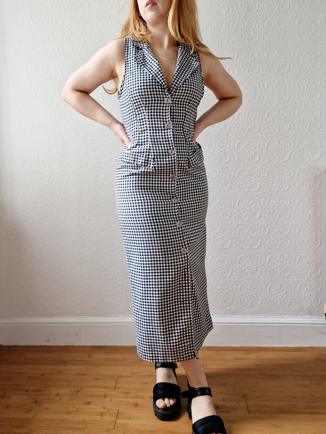 Vintage 90s Black & White Gingham Sleeveless Dress - XS