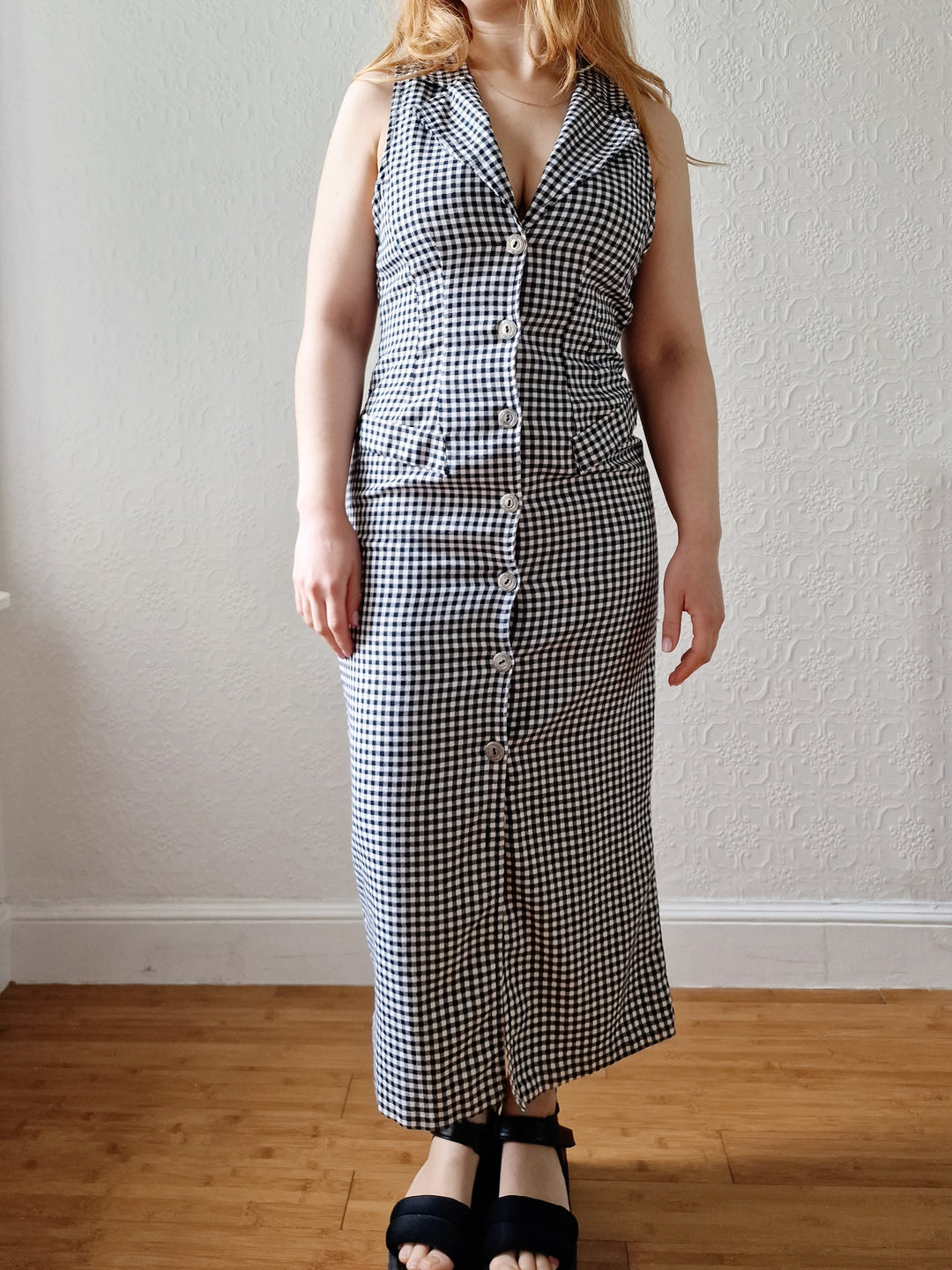 Vintage 90s Black & White Gingham Sleeveless Dress - XS