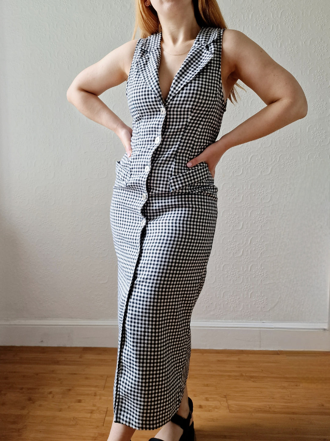 Vintage 90s Black & White Gingham Sleeveless Dress - XS