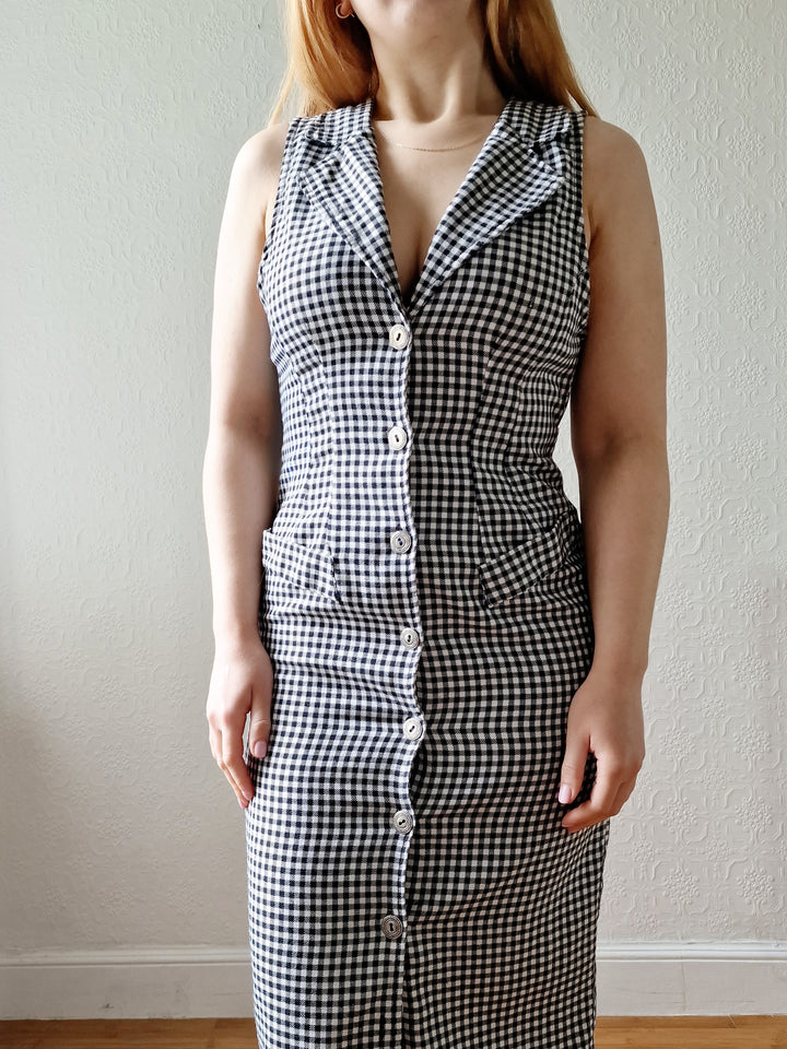 Vintage 90s Black & White Gingham Sleeveless Dress - XS