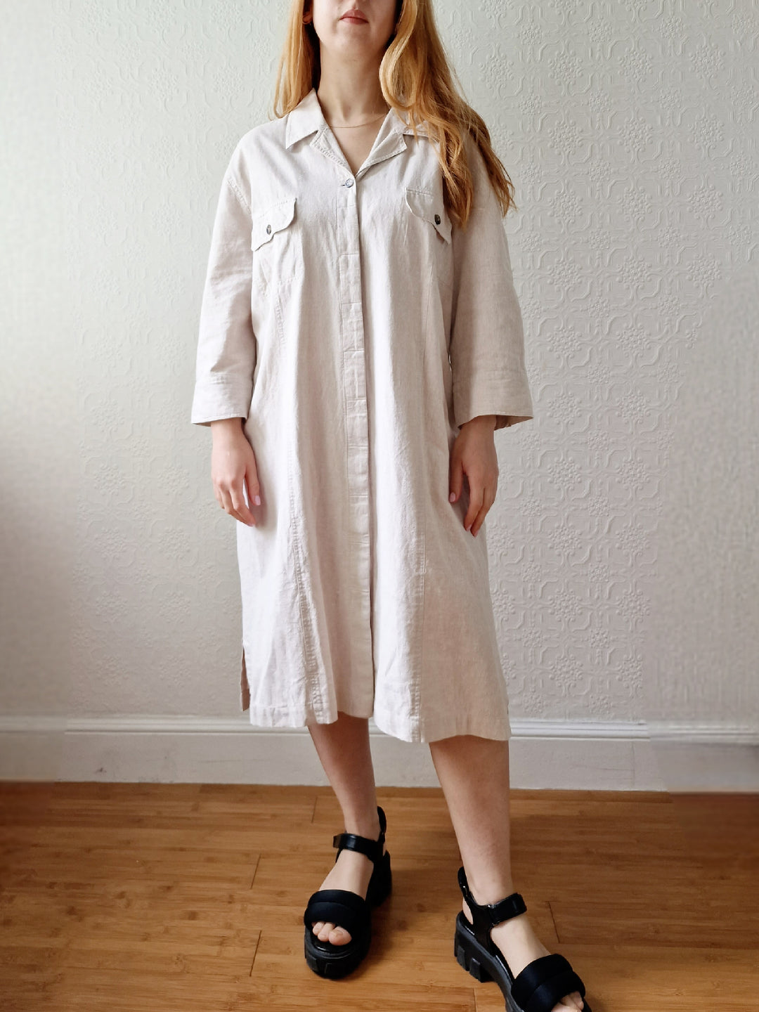 Vintage 90s Safari Style Beige Midi Shirt Dress with Belt - XL