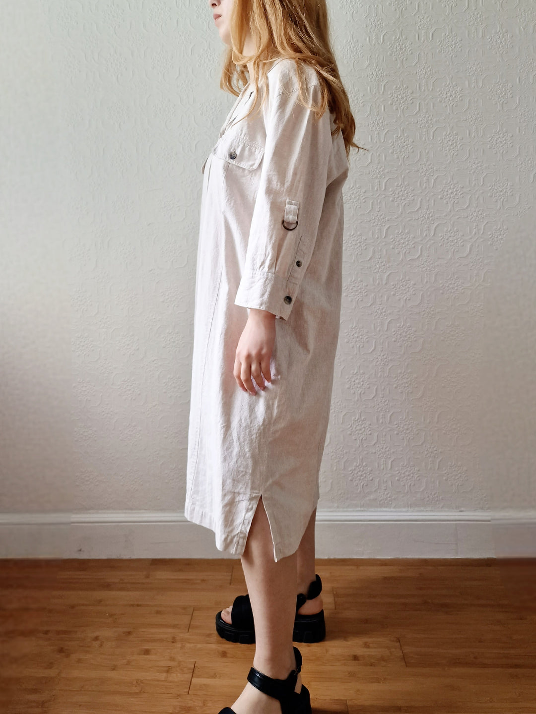 Vintage 90s Safari Style Beige Midi Shirt Dress with Belt - XL