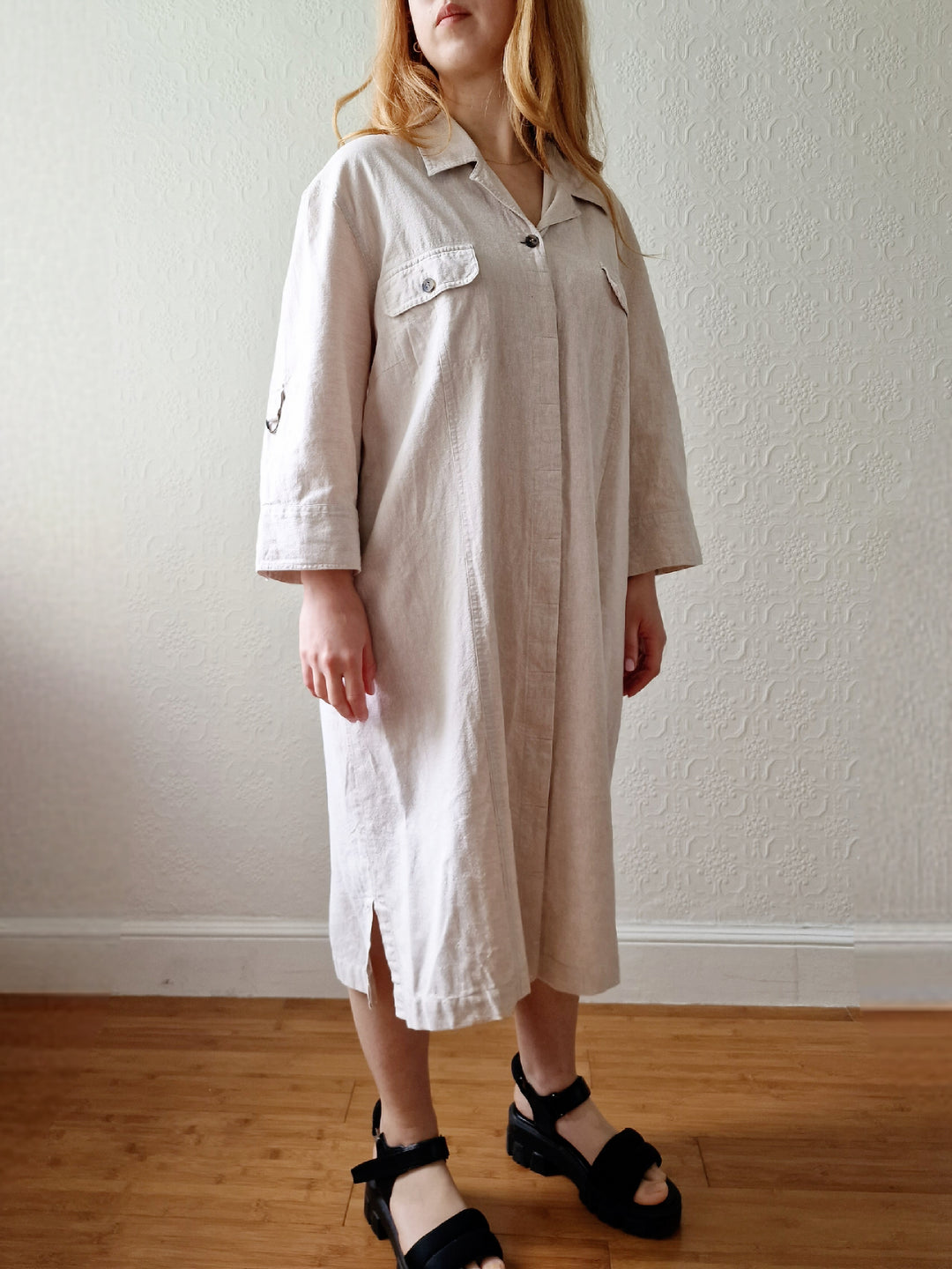 Vintage 90s Safari Style Beige Midi Shirt Dress with Belt - XL