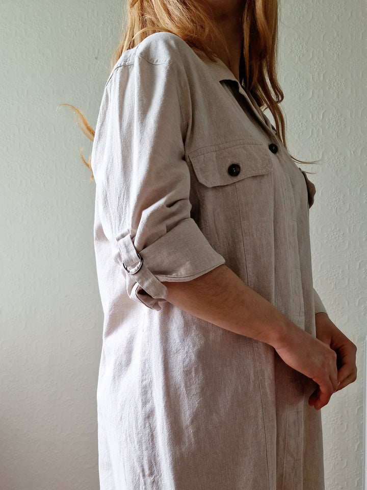 Vintage 90s Safari Style Beige Midi Shirt Dress with Belt - XL