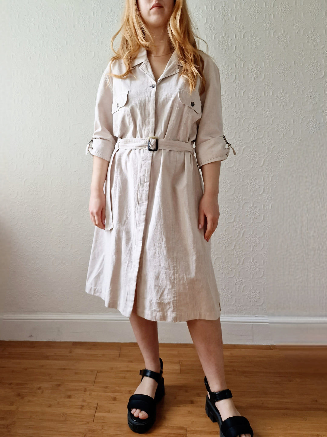 Vintage 90s Safari Style Beige Midi Shirt Dress with Belt - XL