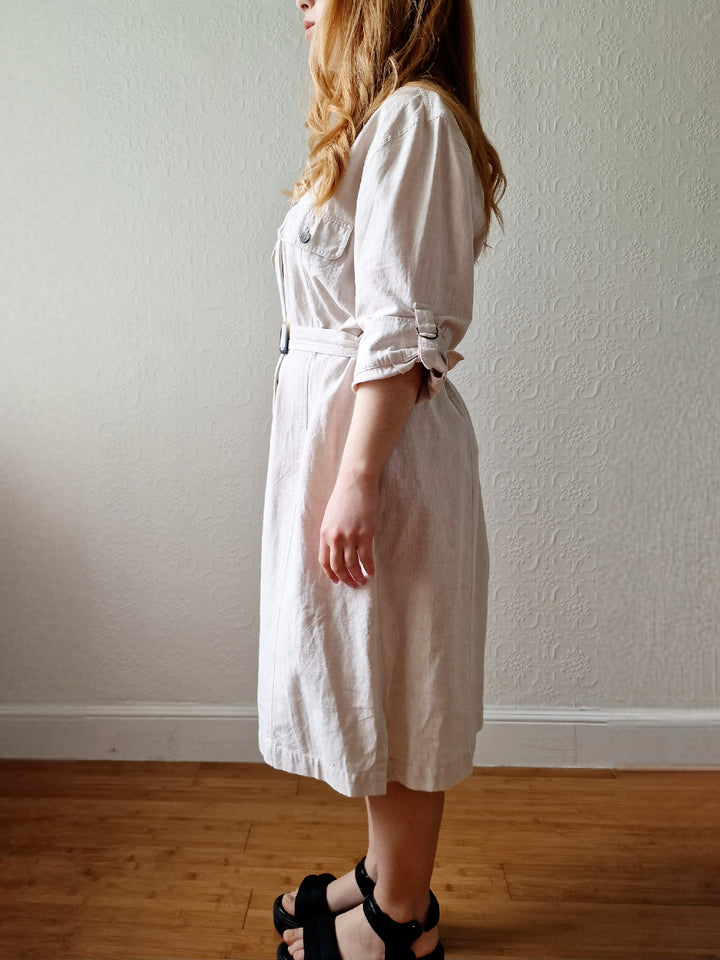 Vintage 90s Safari Style Beige Midi Shirt Dress with Belt - XL