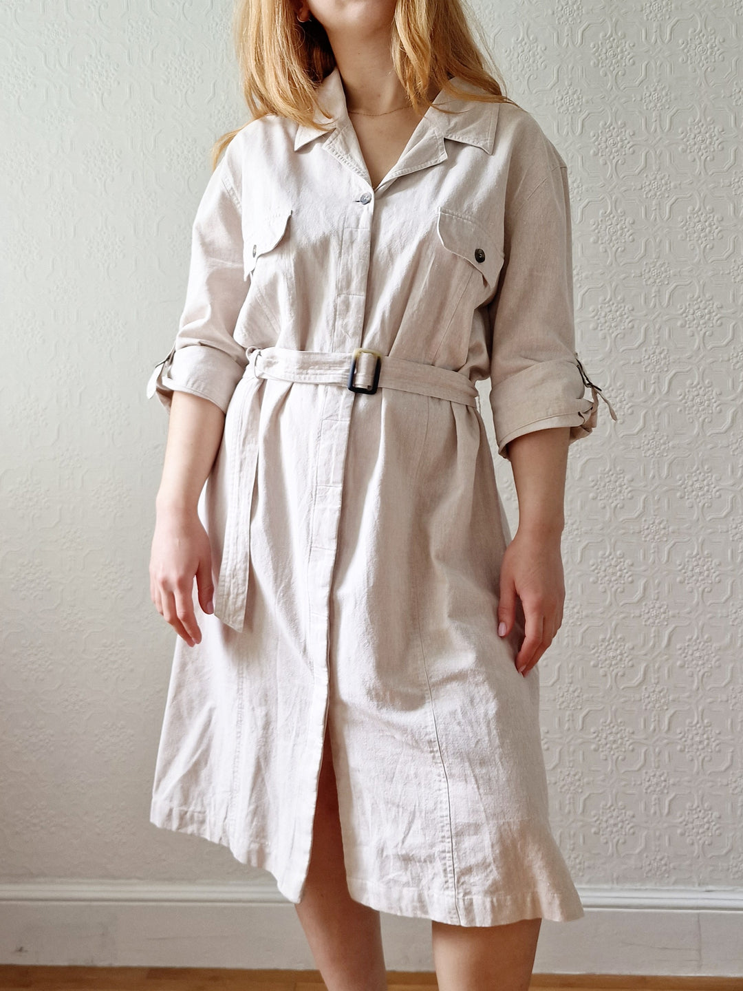 Vintage 90s Safari Style Beige Midi Shirt Dress with Belt - XL