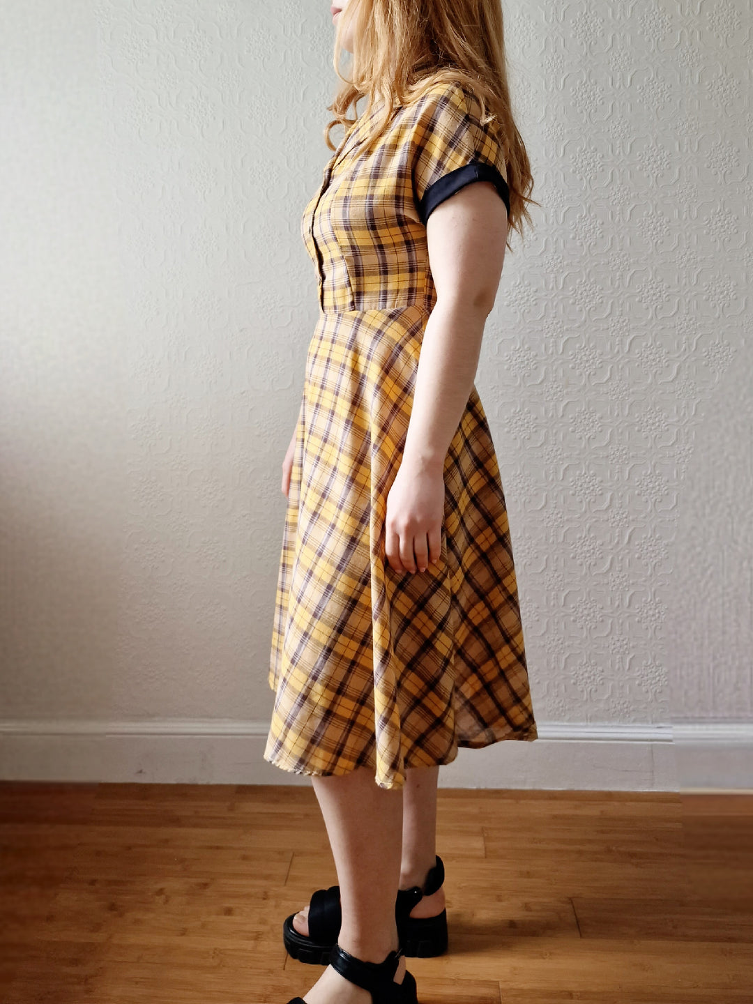 Vintage Black & Yellow Tartan Check Shirt Dress with Short Sleevees - S