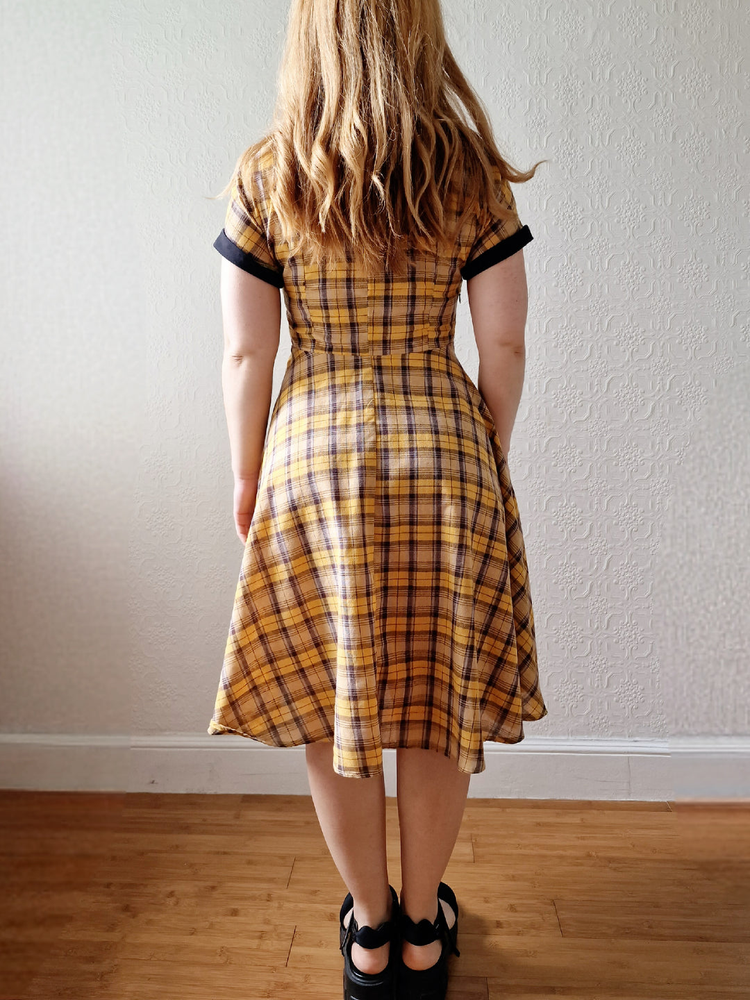 Vintage Black & Yellow Tartan Check Shirt Dress with Short Sleevees - S